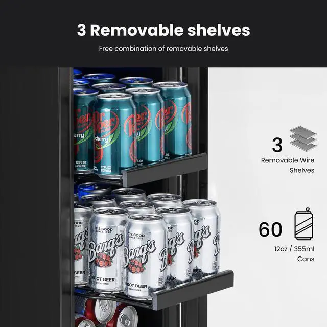 Alt view image 3 of 7 - Yeego 12 Inch Beverage Refrigerator Cooler - 60 Can Mini Fridge with Double-Layer Tempered Glass Door, Adjustable Shelves, 34-54°F Digital Temp Control for Beer Soda Water Wine, Built-in/Freestanding