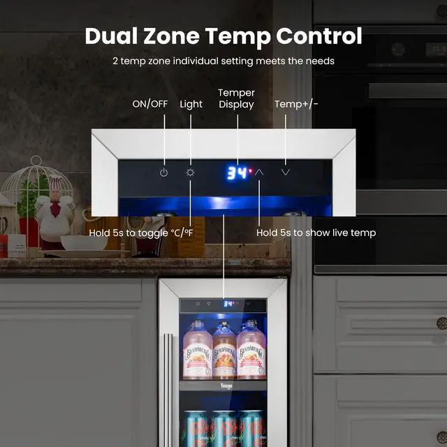 Alt view image 4 of 7 - Yeego 12 Inch Beverage Refrigerator Cooler - 60 Can Mini Fridge with Double-Layer Tempered Glass Door, Adjustable Shelves, 34-54°F Digital Temp Control for Beer Soda Water Wine, Built-in/Freestanding