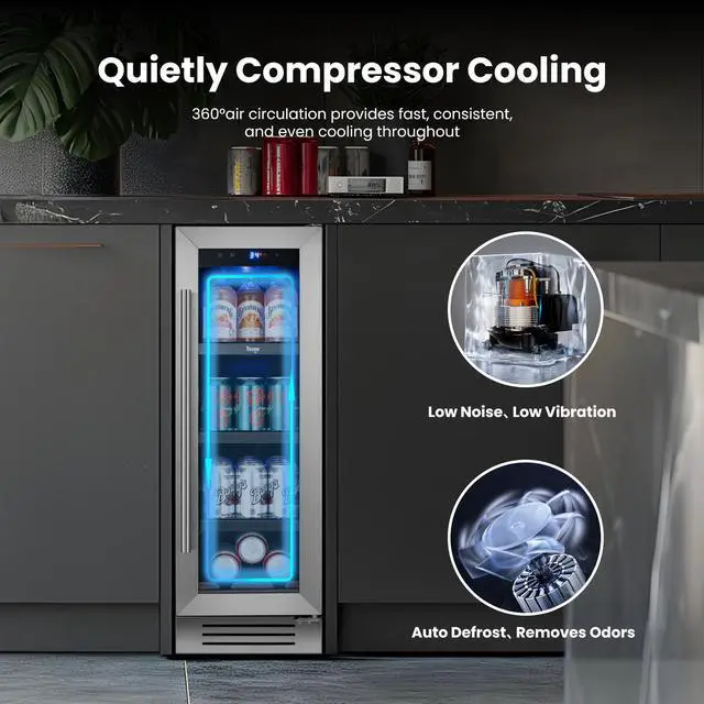 Alt view image 5 of 7 - Yeego 12 Inch Beverage Refrigerator Cooler - 60 Can Mini Fridge with Double-Layer Tempered Glass Door, Adjustable Shelves, 34-54°F Digital Temp Control for Beer Soda Water Wine, Built-in/Freestanding