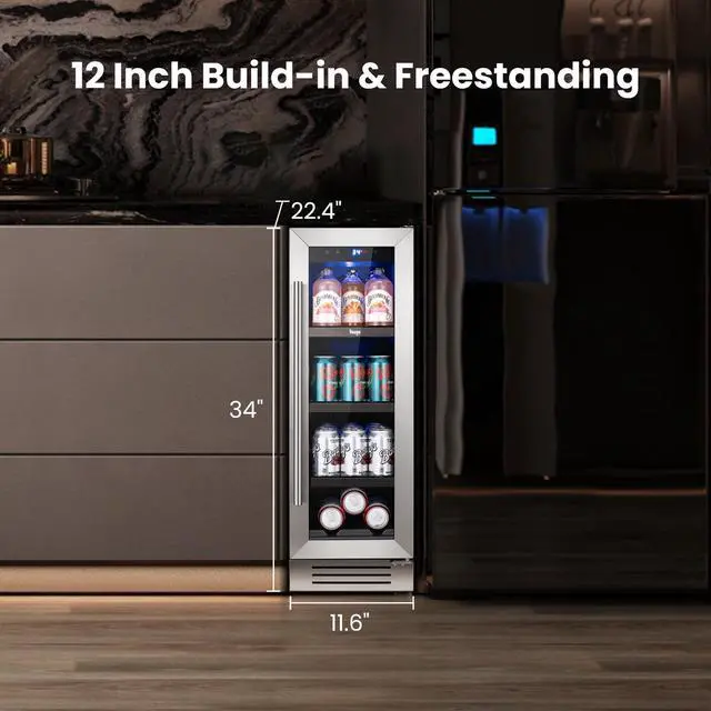 Alt view image 2 of 7 - Yeego 12 Inch Beverage Refrigerator Cooler - 60 Can Mini Fridge with Double-Layer Tempered Glass Door, Adjustable Shelves, 34-54°F Digital Temp Control for Beer Soda Water Wine, Built-in/Freestanding