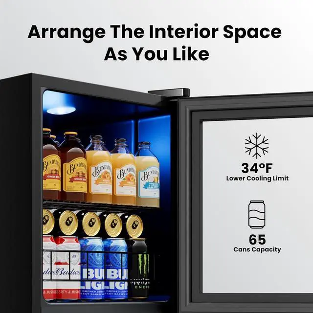 Alt view image 4 of 7 - Yeego Beverage Refrigerator Cooler, 65 Can Mini Fridge with Double-Pane Glass Door and Adjustable Shelves, 34-54°F Digital Temperature Control, Freestanding/Countertop for Home Bar Office (1.63 Cu.ft)