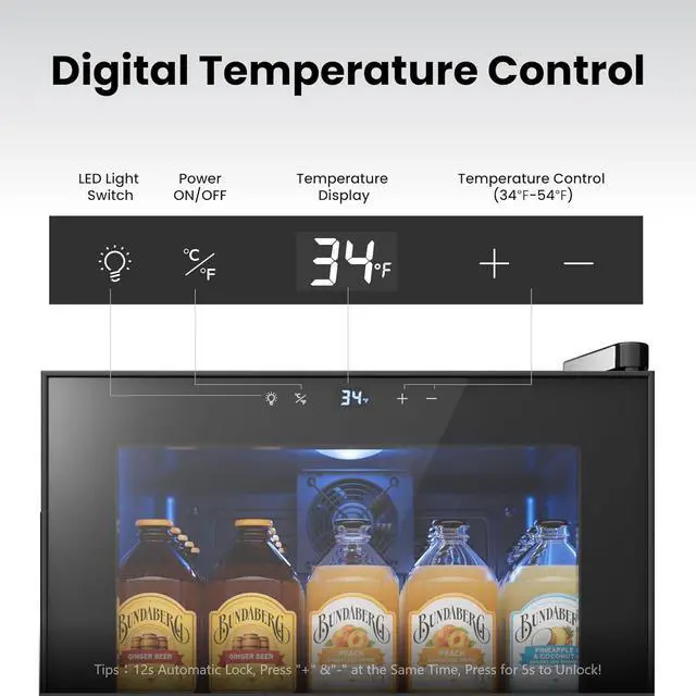 Alt view image 3 of 7 - Yeego Beverage Refrigerator Cooler, 65 Can Mini Fridge with Double-Pane Glass Door and Adjustable Shelves, 34-54°F Digital Temperature Control, Freestanding/Countertop for Home Bar Office (1.63 Cu.ft)