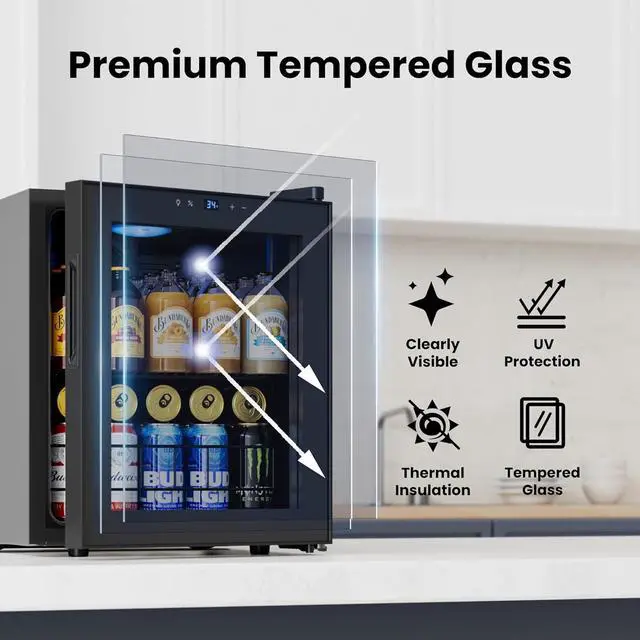 Alt view image 6 of 7 - Yeego Beverage Refrigerator Cooler, 65 Can Mini Fridge with Double-Pane Glass Door and Adjustable Shelves, 34-54°F Digital Temperature Control, Freestanding/Countertop for Home Bar Office (1.63 Cu.ft)