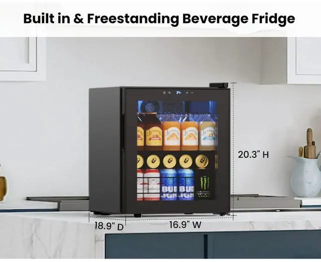 Alt view image 2 of 7 - Yeego Beverage Refrigerator Cooler, 65 Can Mini Fridge with Double-Pane Glass Door and Adjustable Shelves, 34-54°F Digital Temperature Control, Freestanding/Countertop for Home Bar Office (1.63 Cu.ft)