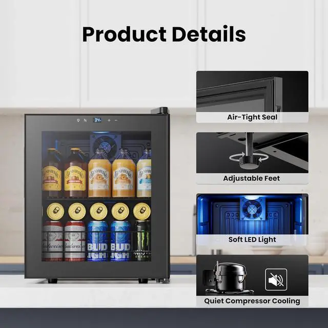 Alt view image 5 of 7 - Yeego Beverage Refrigerator Cooler, 65 Can Mini Fridge with Double-Pane Glass Door and Adjustable Shelves, 34-54°F Digital Temperature Control, Freestanding/Countertop for Home Bar Office (1.63 Cu.ft)