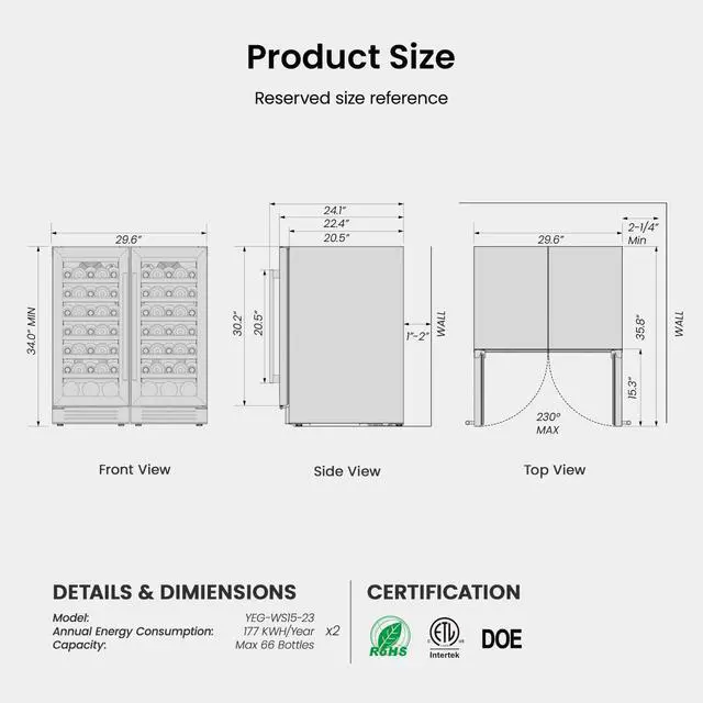 Alt view image 6 of 7 - Yeego 30 Inch Wine Fridge Bundle, 2 Sets of 15 Inch Dual Zone Wine Cooler, Holds 66 Bottles, Adjustable Shelves, Glass Door, 4065°F Digital Temperature Control, Built in or Freestanding Installation