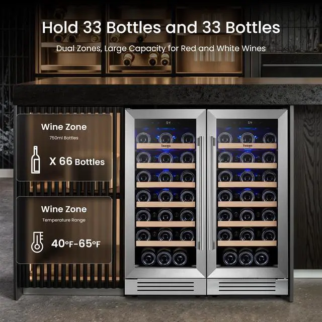 Alt view image 2 of 7 - Yeego 30 Inch Wine Fridge Bundle, 2 Sets of 15 Inch Dual Zone Wine Cooler, Holds 66 Bottles, Adjustable Shelves, Glass Door, 4065°F Digital Temperature Control, Built in or Freestanding Installation