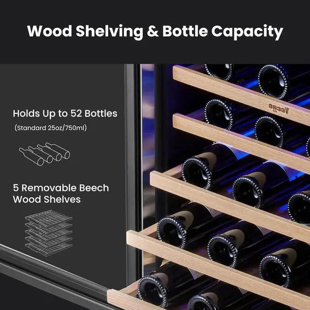 Alt view image 3 of 7 - Yeego 24 Inch Wine Cooler Refrigerator - 52 Bottles Wine Fridge with Glass Door & Adjustable Shelves, 40-65°F Digital Temperature Control, Built-In or Freestanding for Home Bar Office (Left-Hinged)