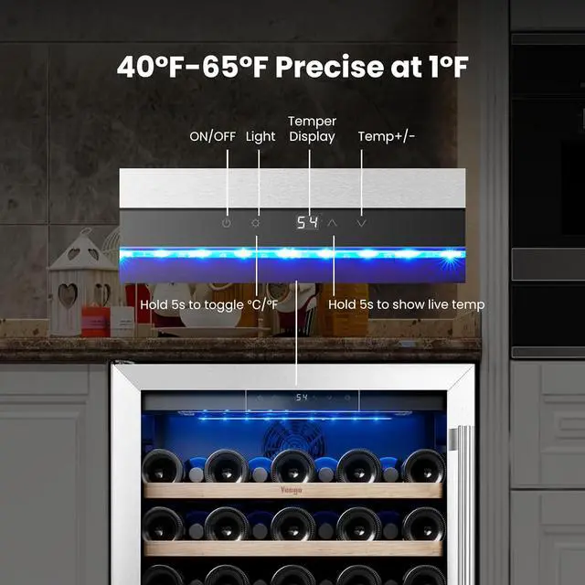 Alt view image 4 of 7 - Yeego 24 Inch Wine Cooler Refrigerator - 52 Bottles Wine Fridge with Glass Door & Adjustable Shelves, 40-65°F Digital Temperature Control, Built-In or Freestanding for Home Bar Office (Left-Hinged)