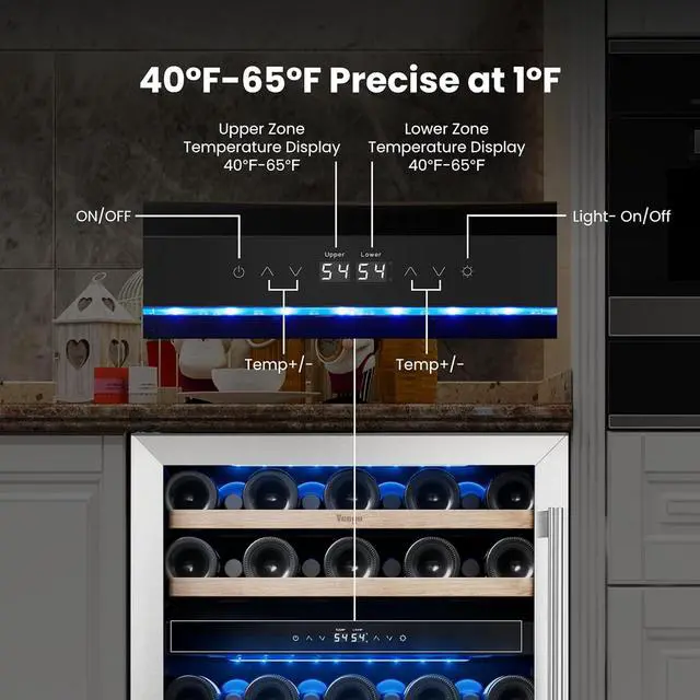 Alt view image 4 of 7 - Yeego 24 Inch Wine Cooler Refrigerator - 52 Bottle Dual Zone Wine Fridge with Dual-Layer Glass Door & Adjustable Shelves, 40-65°F Digital Temperature Control, Built-In/Freestanding for Home Bar Office