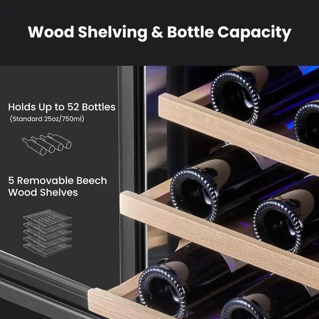 Alt view image 3 of 7 - Yeego 24 Inch Wine Cooler Refrigerator - 52 Bottle Dual Zone Wine Fridge with Dual-Layer Glass Door & Adjustable Shelves, 40-65°F Digital Temperature Control, Built-In/Freestanding for Home Bar Office