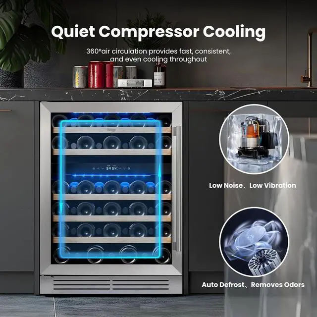 Alt view image 5 of 7 - Yeego 24 Inch Wine Cooler Refrigerator - 52 Bottle Dual Zone Wine Fridge with Dual-Layer Glass Door & Adjustable Shelves, 40-65°F Digital Temperature Control, Built-In/Freestanding for Home Bar Office