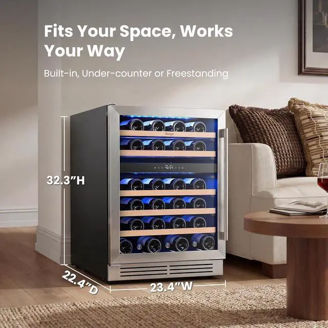 Alt view image 2 of 7 - Yeego 24 Inch Wine Cooler Refrigerator - 52 Bottle Dual Zone Wine Fridge with Dual-Layer Glass Door & Adjustable Shelves, 40-65°F Digital Temperature Control, Built-In/Freestanding for Home Bar Office