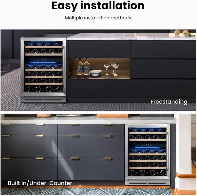 Alt view image 7 of 7 - Yeego 24 Inch Wine Cooler Refrigerator - 52 Bottle Dual Zone Wine Fridge with Dual-Layer Glass Door & Adjustable Shelves, 40-65°F Digital Temperature Control, Built-In/Freestanding for Home Bar Office