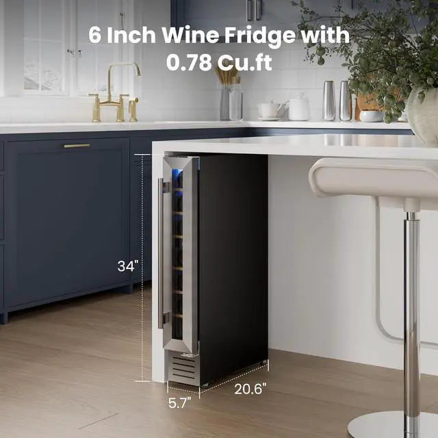 Alt view image 6 of 7 - Yeego 7 Bottle Wine Fridge Cooler, 40-65°F Wine Refrigerator with Glass Door and Adjustable Shelves, Blue LED Lighting, Built-In/Freestanding/Under Counter Compressor Wine Cellar for Home Bar Office