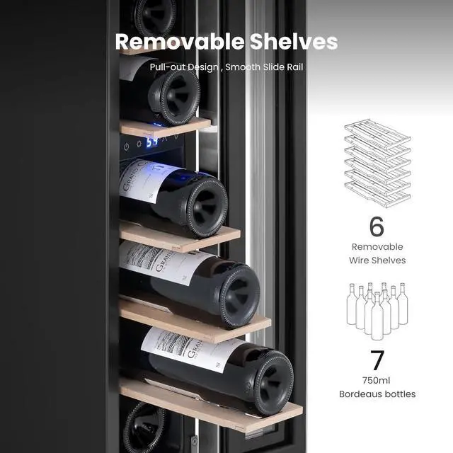 Alt view image 2 of 7 - Yeego 7 Bottle Wine Fridge Cooler, 40-65°F Wine Refrigerator with Glass Door and Adjustable Shelves, Blue LED Lighting, Built-In/Freestanding/Under Counter Compressor Wine Cellar for Home Bar Office