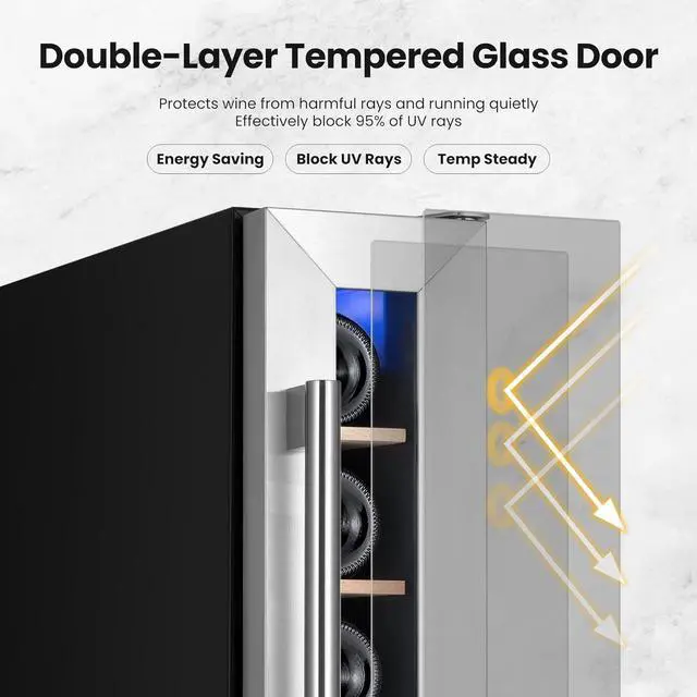 Alt view image 5 of 7 - Yeego 7 Bottle Wine Fridge Cooler, 40-65°F Wine Refrigerator with Glass Door and Adjustable Shelves, Blue LED Lighting, Built-In/Freestanding/Under Counter Compressor Wine Cellar for Home Bar Office