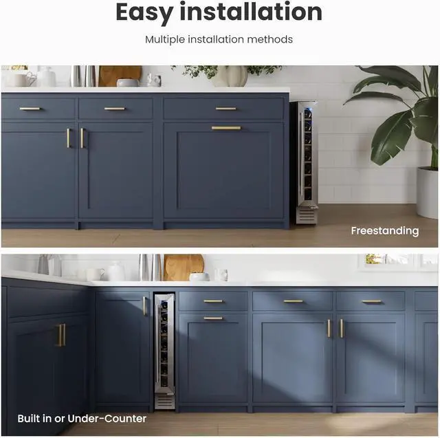 Alt view image 7 of 7 - Yeego 7 Bottle Wine Fridge Cooler, 40-65°F Wine Refrigerator with Glass Door and Adjustable Shelves, Blue LED Lighting, Built-In/Freestanding/Under Counter Compressor Wine Cellar for Home Bar Office