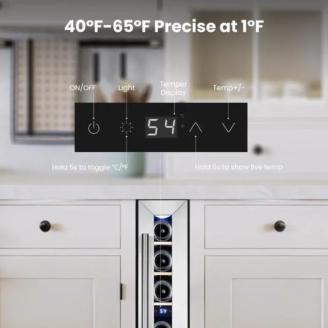 Alt view image 3 of 7 - Yeego 7 Bottle Wine Fridge Cooler, 40-65°F Wine Refrigerator with Glass Door and Adjustable Shelves, Blue LED Lighting, Built-In/Freestanding/Under Counter Compressor Wine Cellar for Home Bar Office
