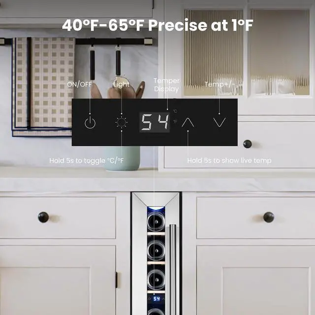 Alt view image 4 of 7 - Yeego Wine Cooler Refrigerator - 7 Bottles Mini Wine Fridge with Glass Door, 40-65°F Digital Temperature Control, Touch Control, Built-In/Freestanding/Under Counter for Kitchen Bar Office(Left-Hinged)
