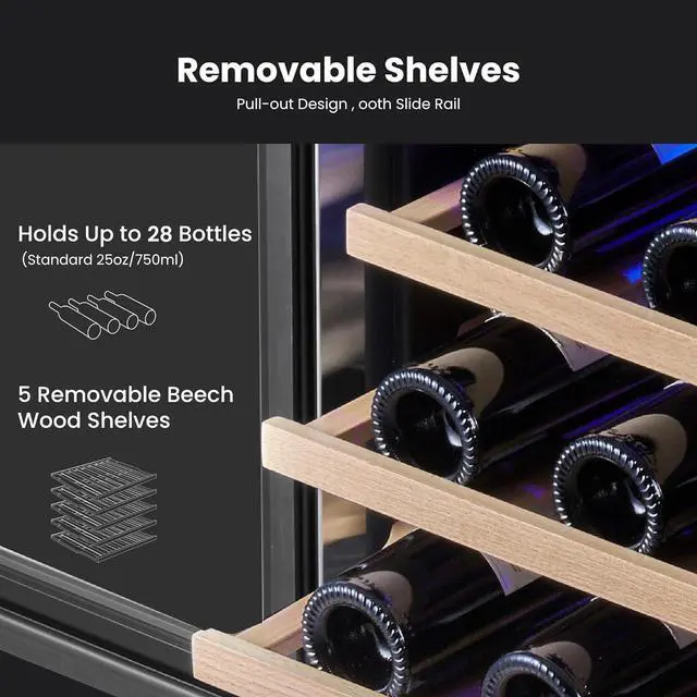 Alt view image 3 of 7 - Yeego 15 Inch Wine Fridge, 28 Bottles Dual Zone Wine Cooler & Refrigerator with Double-Layer Glass Door, Blue LED Light, 40-65°F Digital Temperature Control, Freestanding/Built-In for Home Bar Kitchen