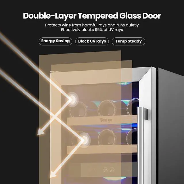Alt view image 6 of 7 - Yeego 15 Inch Wine Fridge, 28 Bottles Dual Zone Wine Cooler & Refrigerator with Double-Layer Glass Door, Blue LED Light, 40-65°F Digital Temperature Control, Freestanding/Built-In for Home Bar Kitchen