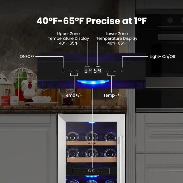 Alt view image 4 of 7 - Yeego 15 Inch Wine Fridge, 28 Bottles Dual Zone Wine Cooler & Refrigerator with Double-Layer Glass Door, Blue LED Light, 40-65°F Digital Temperature Control, Freestanding/Built-In for Home Bar Kitchen
