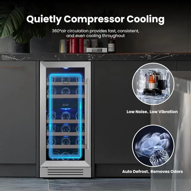 Alt view image 5 of 7 - Yeego 15 Inch Wine Fridge, 28 Bottles Dual Zone Wine Cooler & Refrigerator with Double-Layer Glass Door, Blue LED Light, 40-65°F Digital Temperature Control, Freestanding/Built-In for Home Bar Kitchen