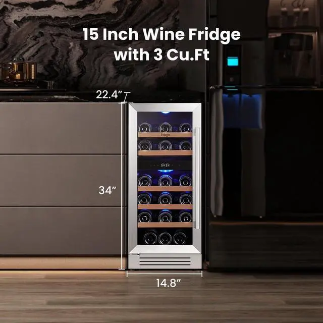 Alt view image 2 of 7 - Yeego 15 Inch Wine Fridge, 28 Bottles Dual Zone Wine Cooler & Refrigerator with Double-Layer Glass Door, Blue LED Light, 40-65°F Digital Temperature Control, Freestanding/Built-In for Home Bar Kitchen