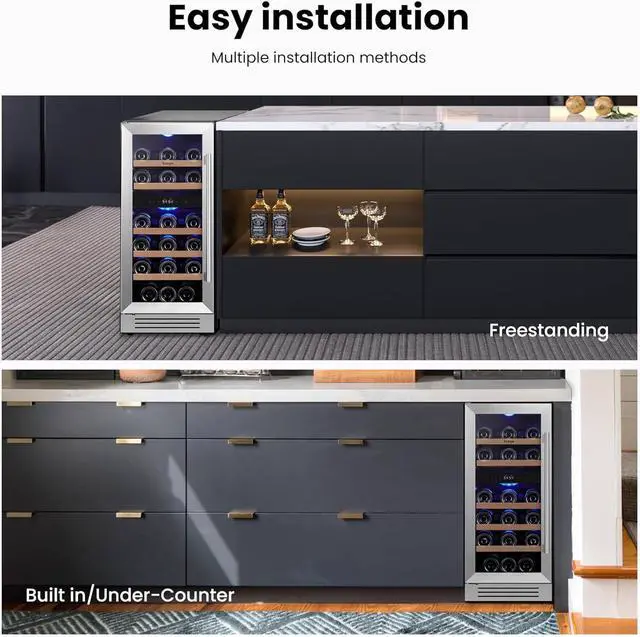 Alt view image 7 of 7 - Yeego 15 Inch Wine Fridge, 28 Bottles Dual Zone Wine Cooler & Refrigerator with Double-Layer Glass Door, Blue LED Light, 40-65°F Digital Temperature Control, Freestanding/Built-In for Home Bar Kitchen