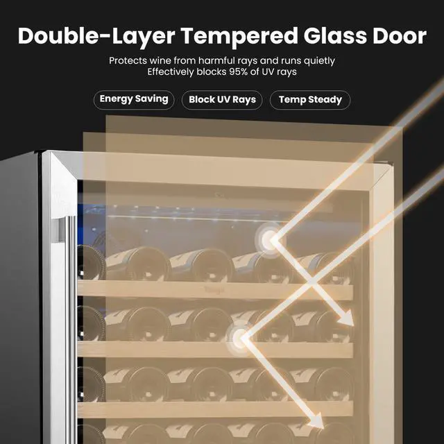 Alt view image 6 of 7 - Yeego 24 Inch Wine Cooler Refrigerator - 52 Bottles Wine Fridge with Double-Layer Tempered Glass Door, Adjustable Shelves, 40-65°F Built-In or Freestanding Compressor for Home Bar Office (5.12 Cu.ft)