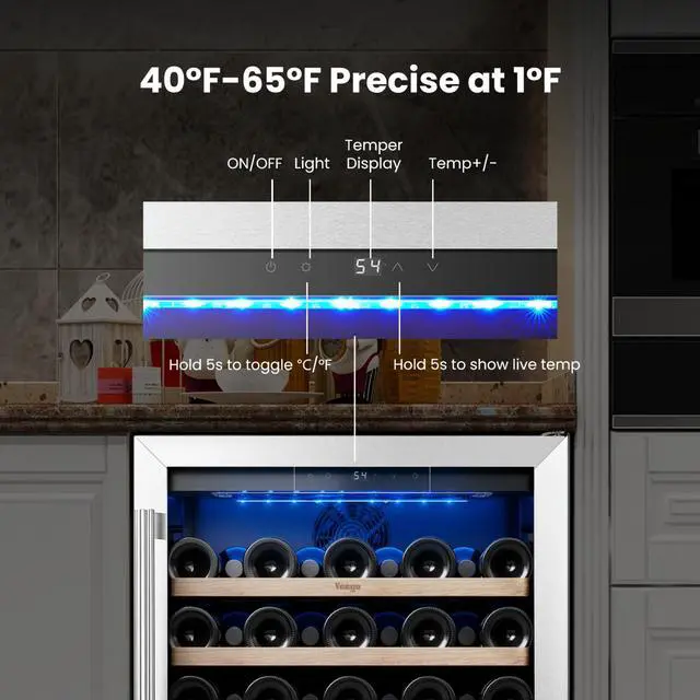 Alt view image 4 of 7 - Yeego 24 Inch Wine Cooler Refrigerator - 52 Bottles Wine Fridge with Double-Layer Tempered Glass Door, Adjustable Shelves, 40-65°F Built-In or Freestanding Compressor for Home Bar Office (5.12 Cu.ft)