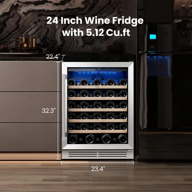 Alt view image 2 of 7 - Yeego 24 Inch Wine Cooler Refrigerator - 52 Bottles Wine Fridge with Double-Layer Tempered Glass Door, Adjustable Shelves, 40-65°F Built-In or Freestanding Compressor for Home Bar Office (5.12 Cu.ft)