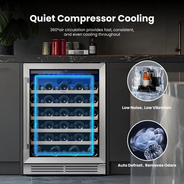 Alt view image 5 of 7 - Yeego 24 Inch Wine Cooler Refrigerator - 52 Bottles Wine Fridge with Double-Layer Tempered Glass Door, Adjustable Shelves, 40-65°F Built-In or Freestanding Compressor for Home Bar Office (5.12 Cu.ft)