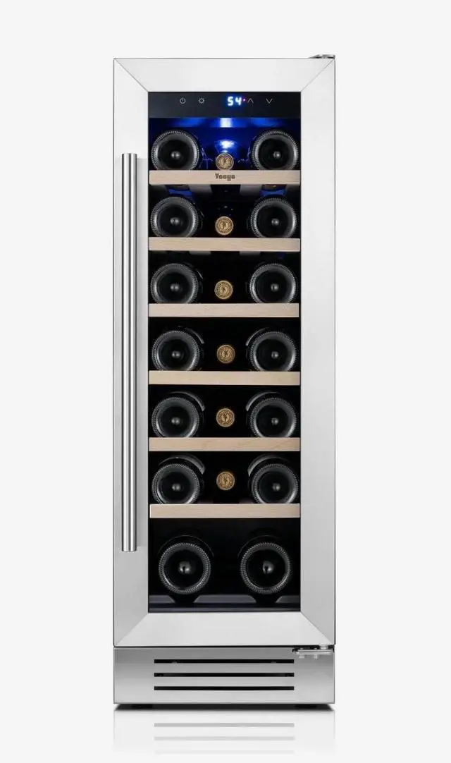 Main image of Yeego 12 Inch Wine Cooler Refrigerator - 20 Bottles Wine Fridge with Double-Layer Tempered Glass Door & Adjustable Shelves, Blue LED Light, 40-65°F Built-In/Freestanding Compressor for Home Bar Office