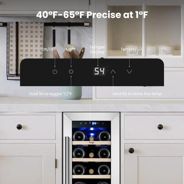 Alt view image 4 of 7 - Yeego 12 Inch Wine Cooler Refrigerator - 20 Bottles Wine Fridge with Double-Layer Tempered Glass Door & Adjustable Shelves, Blue LED Light, 40-65°F Built-In/Freestanding Compressor for Home Bar Office