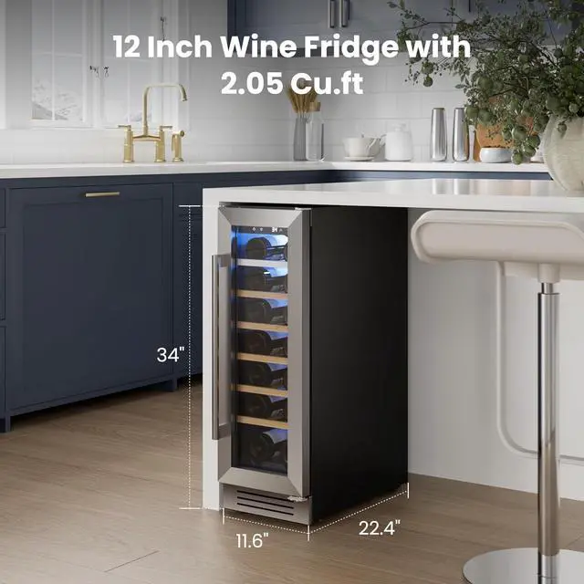 Alt view image 2 of 7 - Yeego 12 Inch Wine Cooler Refrigerator - 20 Bottles Wine Fridge with Double-Layer Tempered Glass Door & Adjustable Shelves, Blue LED Light, 40-65°F Built-In/Freestanding Compressor for Home Bar Office