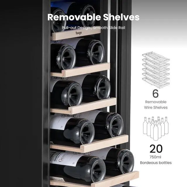 Alt view image 3 of 7 - Yeego 12 Inch Wine Cooler Refrigerator - 20 Bottles Wine Fridge with Double-Layer Tempered Glass Door & Adjustable Shelves, Blue LED Light, 40-65°F Built-In/Freestanding Compressor for Home Bar Office