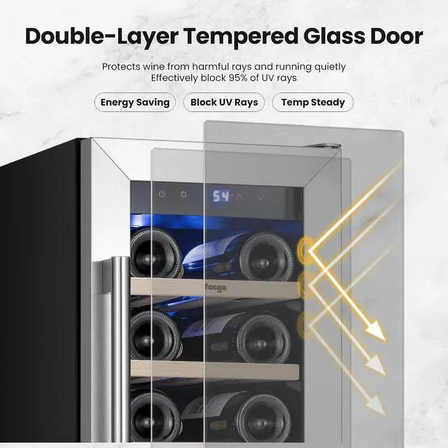 Alt view image 6 of 7 - Yeego 12 Inch Wine Cooler Refrigerator - 20 Bottles Wine Fridge with Double-Layer Tempered Glass Door & Adjustable Shelves, Blue LED Light, 40-65°F Built-In/Freestanding Compressor for Home Bar Office