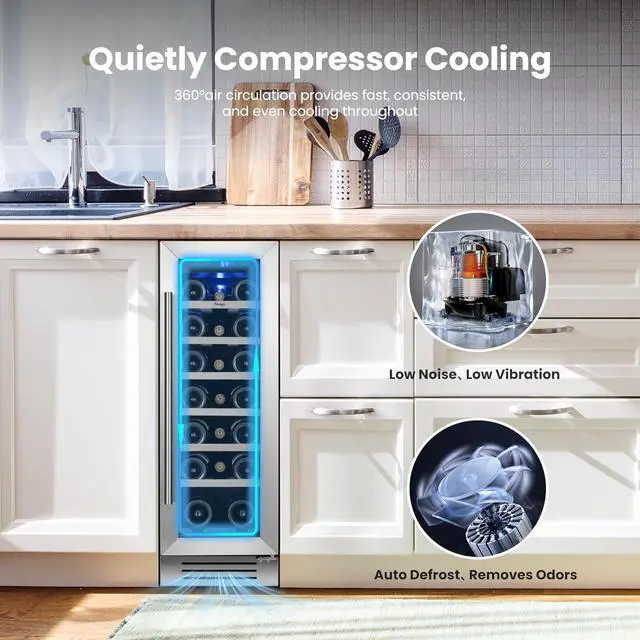 Alt view image 5 of 7 - Yeego 12 Inch Wine Cooler Refrigerator - 20 Bottles Wine Fridge with Double-Layer Tempered Glass Door & Adjustable Shelves, Blue LED Light, 40-65°F Built-In/Freestanding Compressor for Home Bar Office