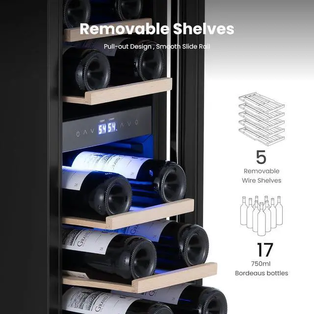 Alt view image 3 of 7 - Yeego 12 Inch Wine Cooler and Refrigerator - 17 Bottles Wine Fridge with Glass Door, Dual Zone 40-65°F Digital Temperature Control Wine Cellar, Built In/Freestanding/Under Counter for Home Bar Office