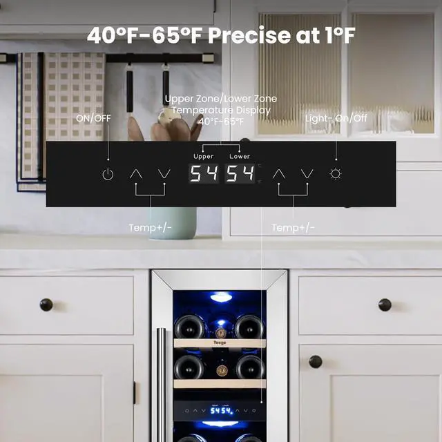 Alt view image 4 of 7 - Yeego 12 Inch Wine Cooler and Refrigerator - 17 Bottles Wine Fridge with Glass Door, Dual Zone 40-65°F Digital Temperature Control Wine Cellar, Built In/Freestanding/Under Counter for Home Bar Office