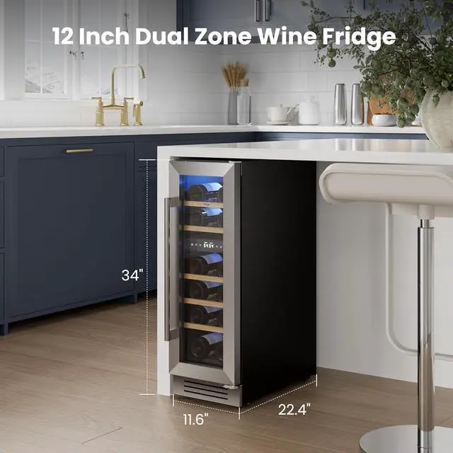 Alt view image 2 of 7 - Yeego 12 Inch Wine Cooler and Refrigerator - 17 Bottles Wine Fridge with Glass Door, Dual Zone 40-65°F Digital Temperature Control Wine Cellar, Built In/Freestanding/Under Counter for Home Bar Office