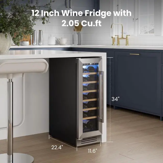 Alt view image 2 of 7 - Yeego 12 Inch Wine Cooler Refrigerator - 20 Bottle Wine Fridge with Glass Door, 40-65°F Temperature Control, Adjustable Shelves & Blue LED Light, Built-In/Freestanding Wine Cellar for Home Bar Kitchen