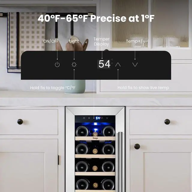Alt view image 4 of 7 - Yeego 12 Inch Wine Cooler Refrigerator - 20 Bottle Wine Fridge with Glass Door, 40-65°F Temperature Control, Adjustable Shelves & Blue LED Light, Built-In/Freestanding Wine Cellar for Home Bar Kitchen