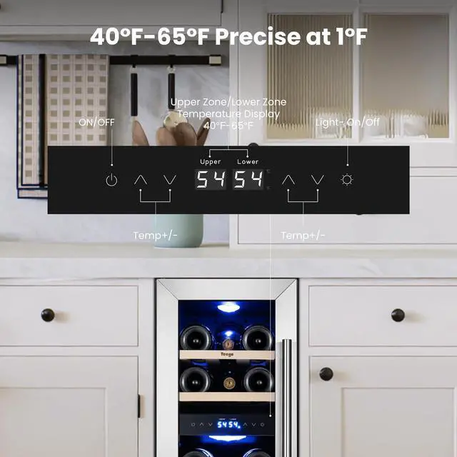 Alt view image 4 of 7 - Yeego 12 Inch Wine Cooler, 17 Bottle Dual Zone Wine Fridge with Glass Door, Adjustable Shelves, 40-65°F Wine Cellar, Compressor & Fan Cooling, Built-In or Freestanding for Home Bar Kitchen(Left-Hinge)