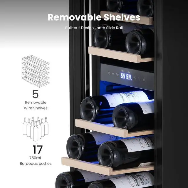 Alt view image 3 of 7 - Yeego 12 Inch Wine Cooler, 17 Bottle Dual Zone Wine Fridge with Glass Door, Adjustable Shelves, 40-65°F Wine Cellar, Compressor & Fan Cooling, Built-In or Freestanding for Home Bar Kitchen(Left-Hinge)