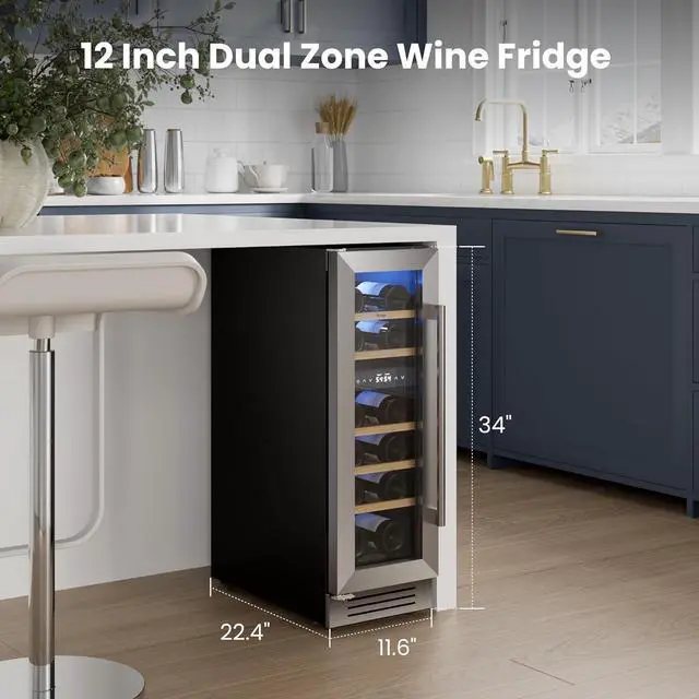 Alt view image 2 of 7 - Yeego 12 Inch Wine Cooler, 17 Bottle Dual Zone Wine Fridge with Glass Door, Adjustable Shelves, 40-65°F Wine Cellar, Compressor & Fan Cooling, Built-In or Freestanding for Home Bar Kitchen(Left-Hinge)