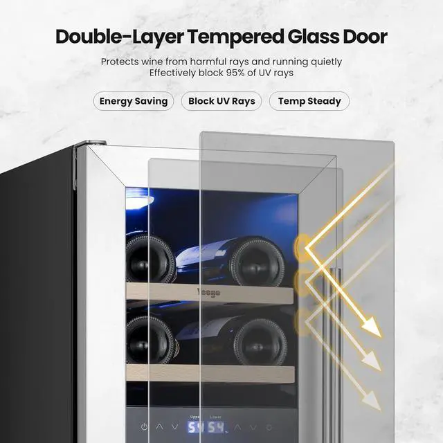 Alt view image 6 of 7 - Yeego 12 Inch Wine Cooler, 17 Bottle Dual Zone Wine Fridge with Glass Door, Adjustable Shelves, 40-65°F Wine Cellar, Compressor & Fan Cooling, Built-In or Freestanding for Home Bar Kitchen(Left-Hinge)