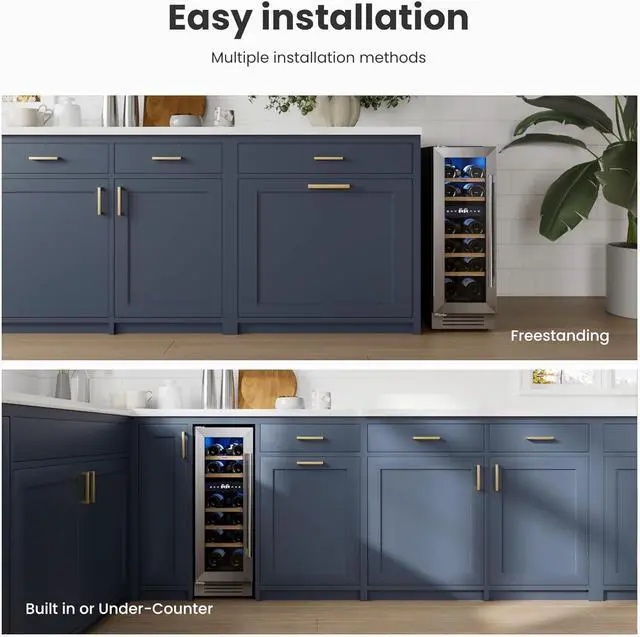 Alt view image 7 of 7 - Yeego 12 Inch Wine Cooler, 17 Bottle Dual Zone Wine Fridge with Glass Door, Adjustable Shelves, 40-65°F Wine Cellar, Compressor & Fan Cooling, Built-In or Freestanding for Home Bar Kitchen(Left-Hinge)